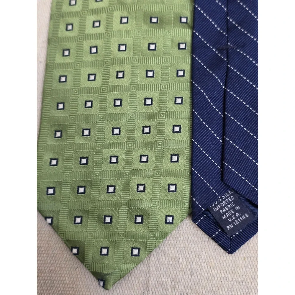 Tommy Hilfiger Mens‎ Silk Tie Green Geometric Square Navy Blue Striped RN 121148